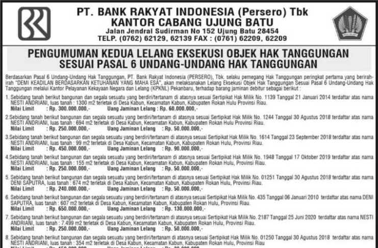 Pengumuman Kedua Lelang Eksekusi Objek Hak Tanggung - BRI KC Ujung Batu