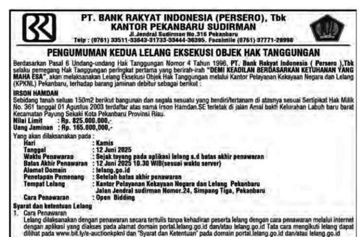 Pengumuman Kedua Lelang Eksekusi Objek Hak Tanggung - BRI Kantor Pekanbaru Sudirman - 2025-05-23