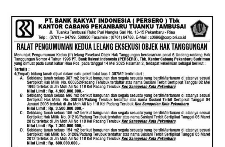 Ralat Pengumuman Kedua Lelang Eksekusi Objek Hak Tanggung - BRI KC Pekanbaru Tuanku Tambusai